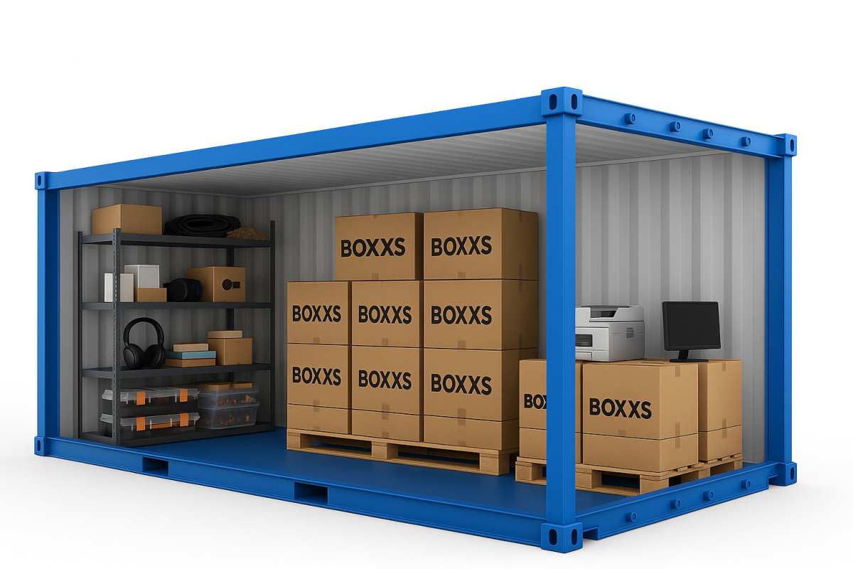 20ft Boxxs Self Storage container filled with business boxes, equipment, and shelving at Mill Road Industrial Estate