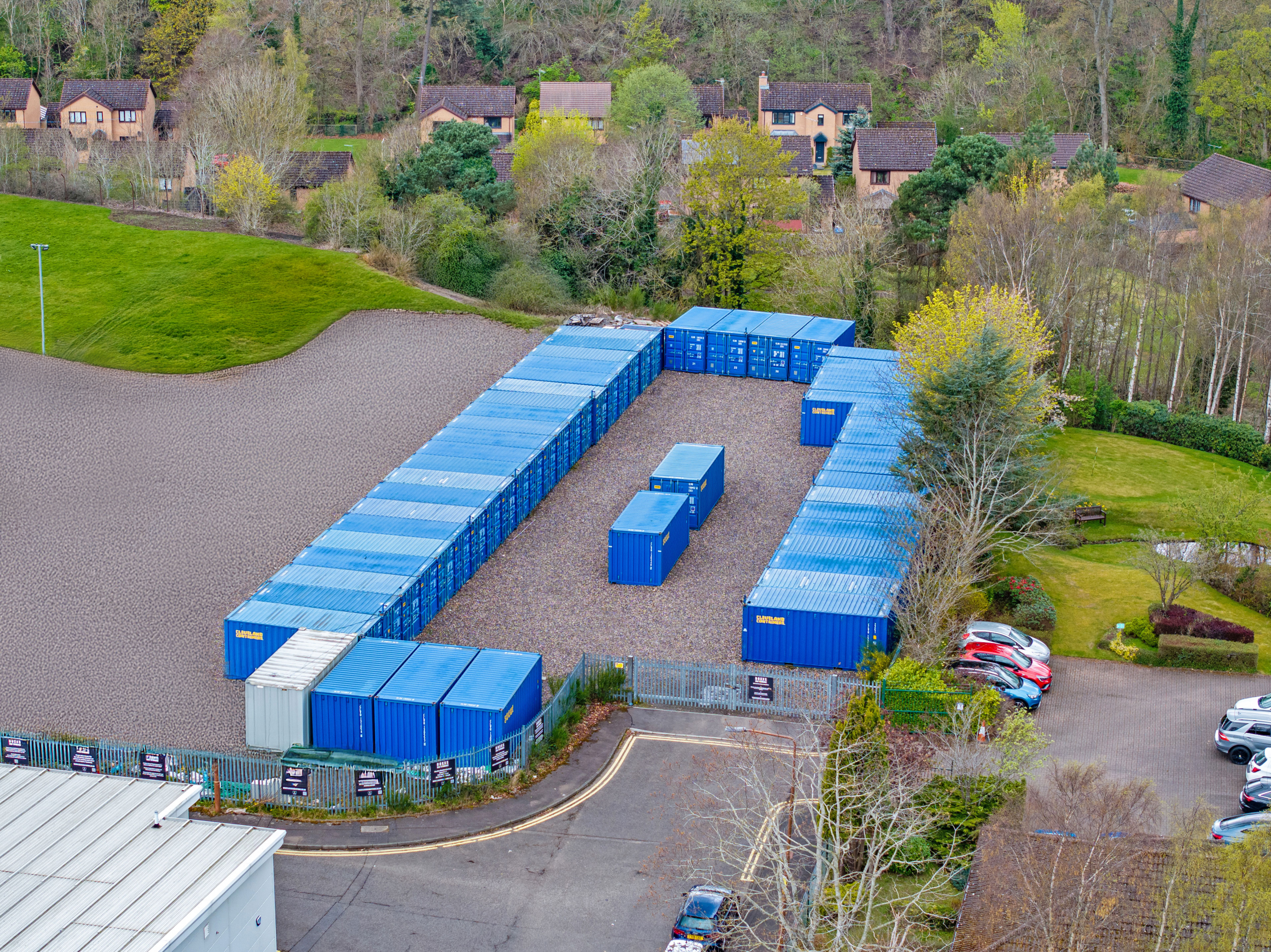 Aerial view of Boxxs Self Storage container units at Mill Road Industrial Estate, Linlithgow, West Lothian, Scotland.