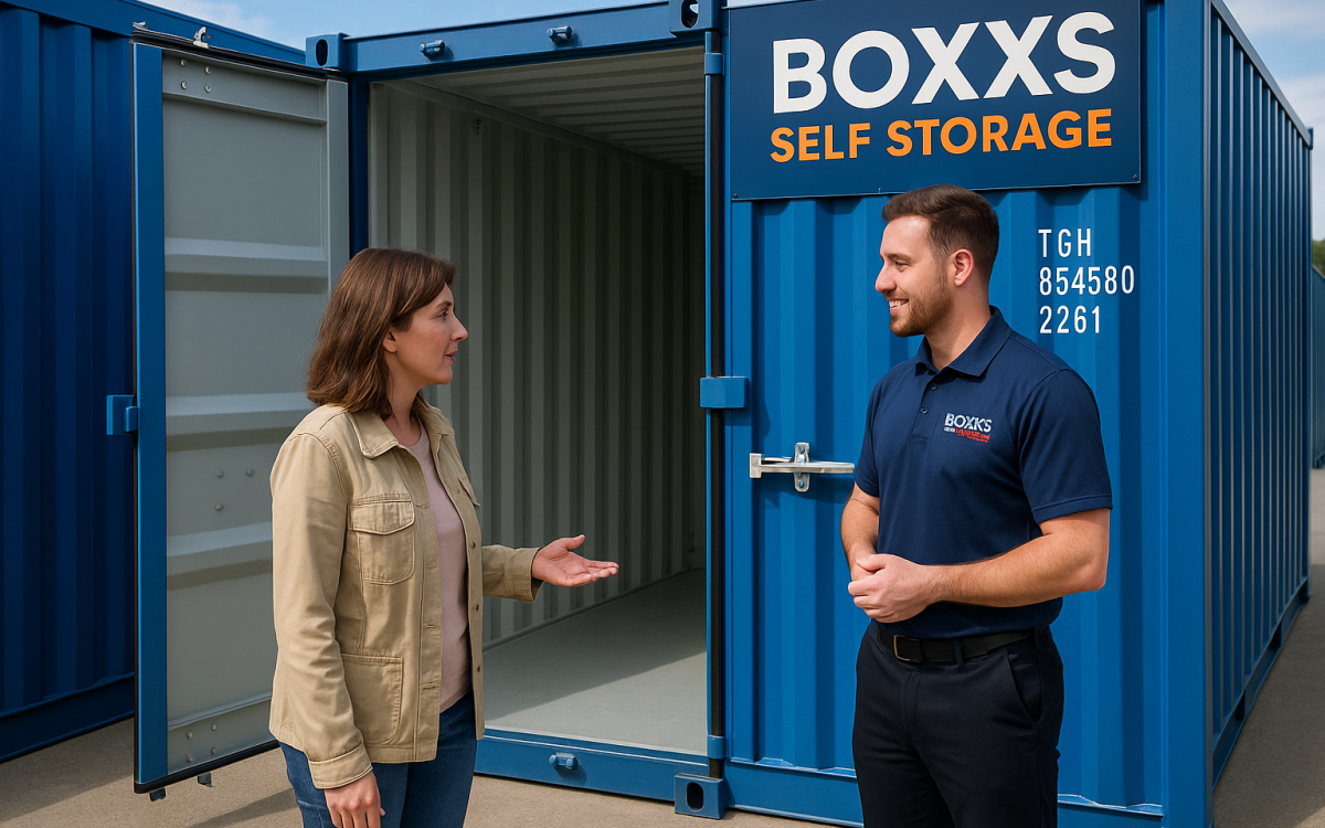 Customer at Boxxs Self Storage speaking to staff in front of storage unit at Mill Road Industrial Estate