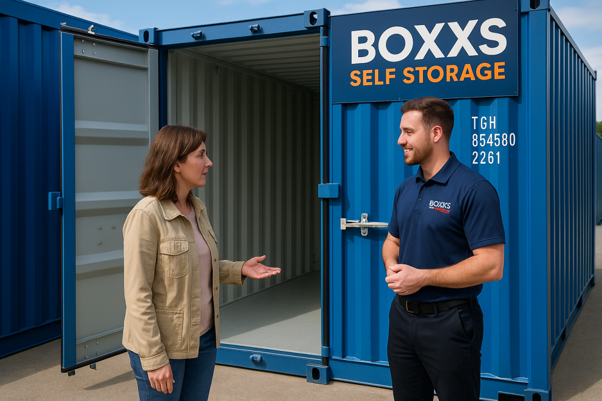 Customer at Boxxs Self Storage speaking to staff in front of storage unit at Mill Road Industrial Estate