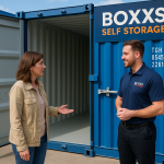 Customer at Boxxs Self Storage speaking to staff in front of storage unit at Mill Road Industrial Estate