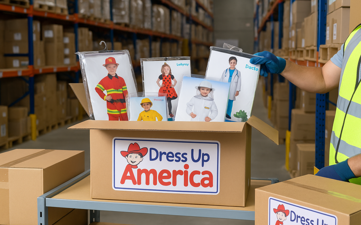 Interior of the Dress Up America distribution centre at Mill Road Industrial Estate