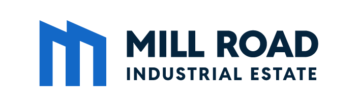 Mill Road Industrial Estate logo featuring a stylised “M” shaped like industrial buildings, alongside bold text that reads “Mill Road Industrial Estate"