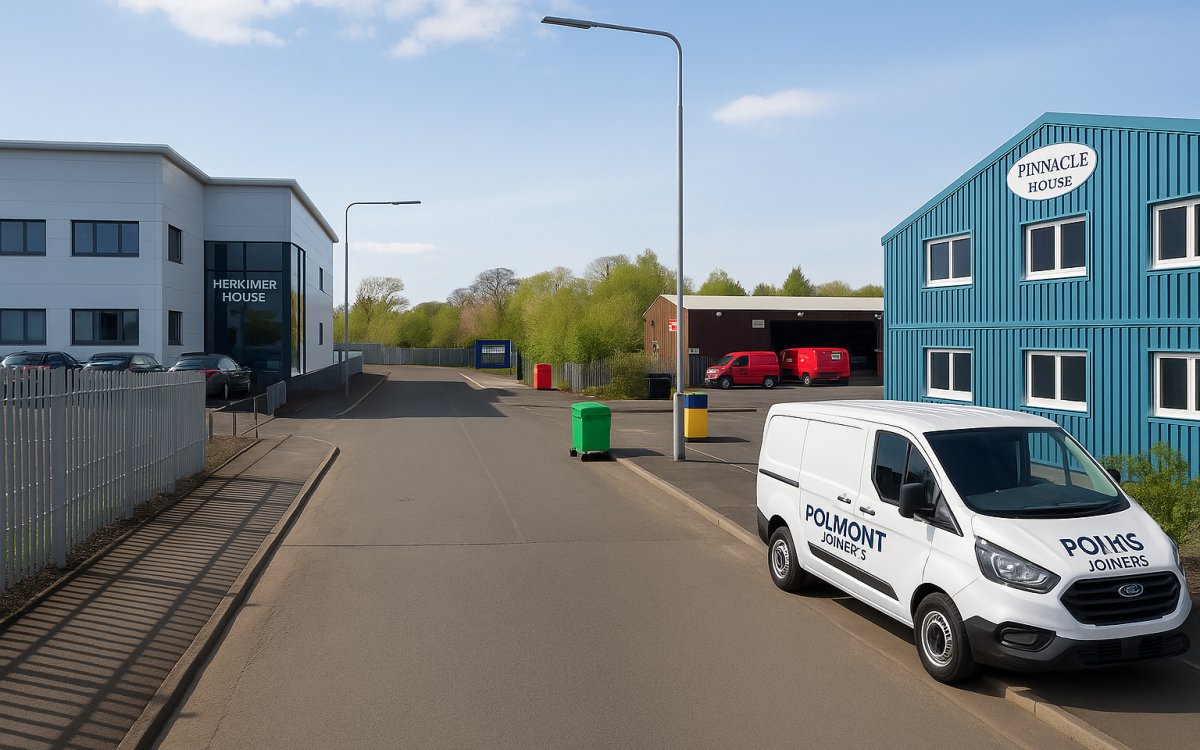 Serviced office buildings at Mill Road Industrial Estate in Linlithgow with parking