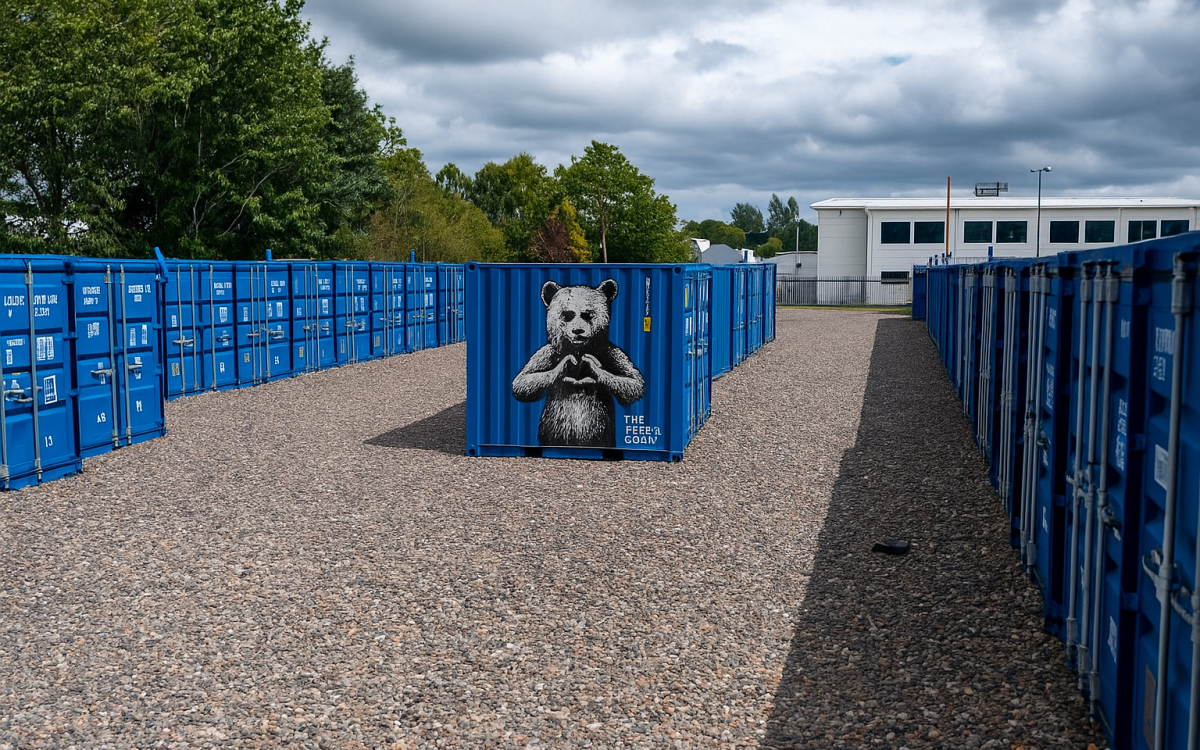 A central storage container at BOXXS Linlithgow featuring a large Rebel Bear mural, surrounded by other blue containers in an open industrial yard