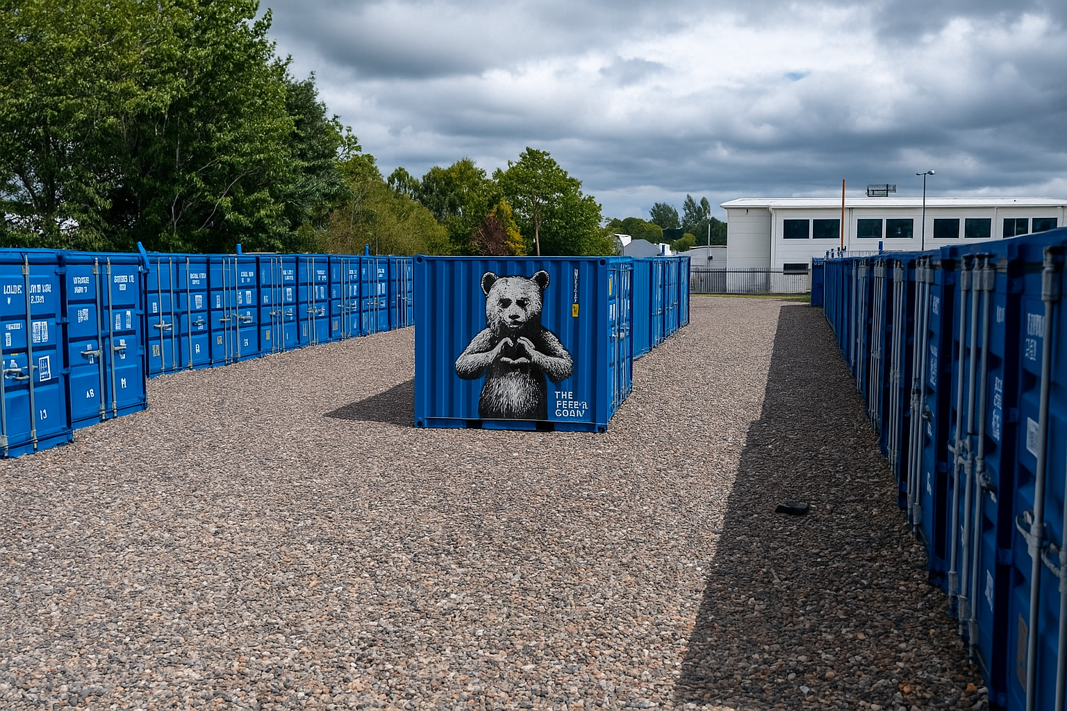 A central storage container at BOXXS Linlithgow featuring a large Rebel Bear mural, surrounded by other blue containers in an open industrial yard