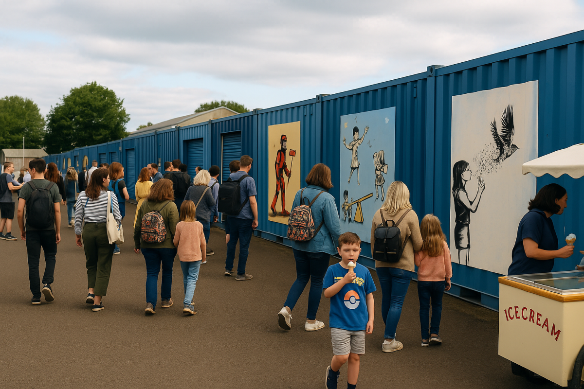 Families and local visitors exploring an outdoor art exhibition at BOXXS Linlithgow, with murals painted on blue storage containers and free ice cream being handed out
