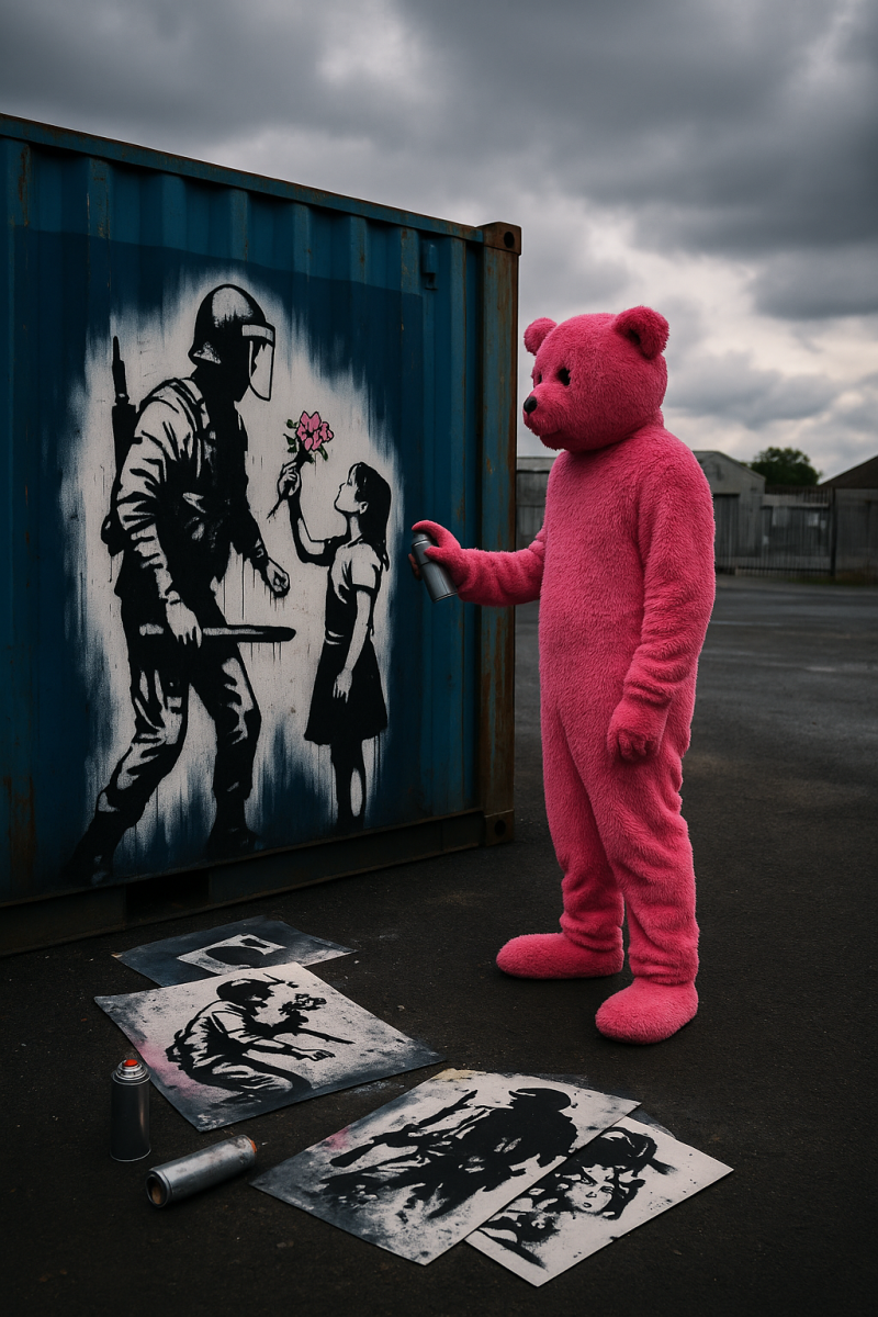 A street artist in a pink bear costume standing in front of a large mural on a blue storage container at Mill Road Industrial Estate in Linlithgow