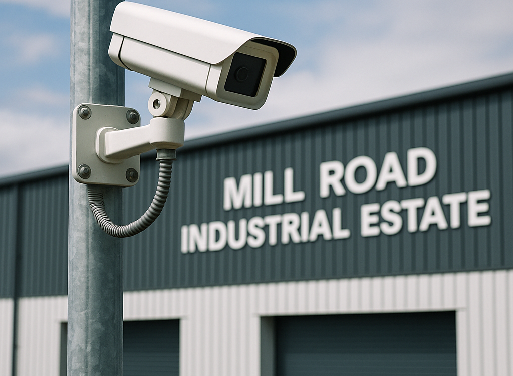 Security camera mounted outside Mill Road Industrial Estate, reinforcing the site's commitment to safety for Bo’ness self storage customers.