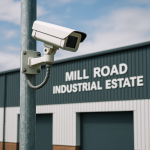 Security camera mounted outside Mill Road Industrial Estate, reinforcing the site's commitment to safety for Bo’ness self storage customers.