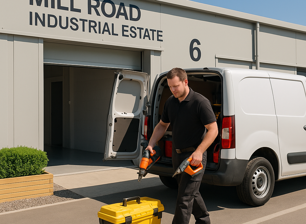 A tradesperson unloading tools into a unit at Mill Road Industrial Estate in Linlithgow