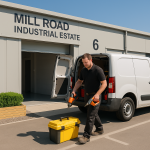 A tradesperson unloading tools into a unit at Mill Road Industrial Estate in Linlithgow