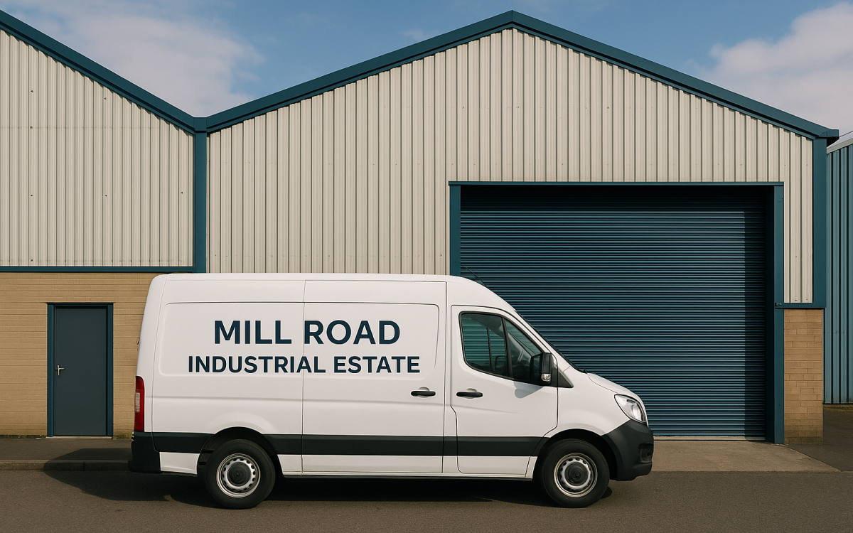 White van parked outside a modern trade unit at E-Net Park in Mill Road Industrial Estate