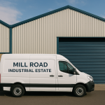 White van parked outside a modern trade unit at E-Net Park in Mill Road Industrial Estate