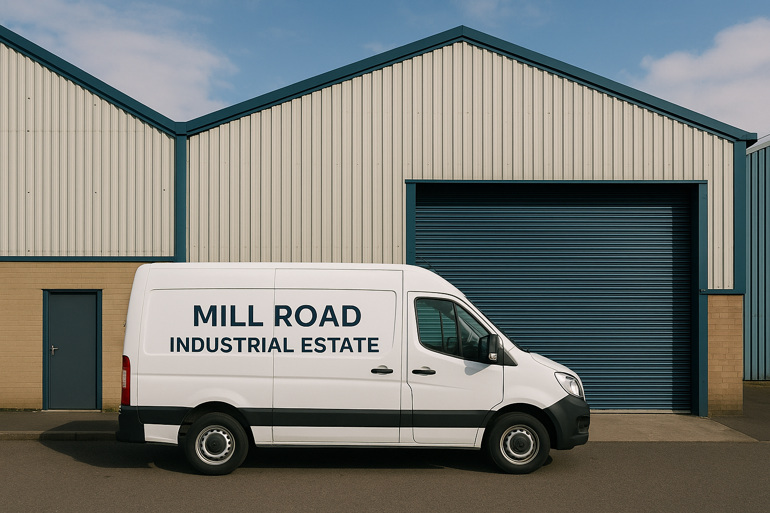 White van parked outside a modern trade unit at E-Net Park in Mill Road Industrial Estate