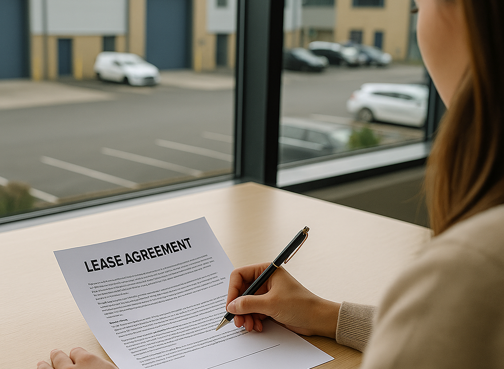 A woman signing a lease with the view over her shoulder, suggesting ease and confidence in taking space at Mill Road