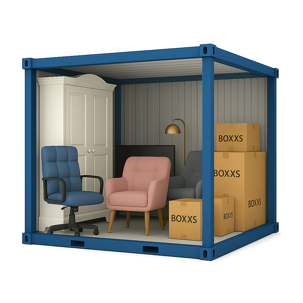 10 ft storage container with cutaway view showing household furniture and stacked boxes inside