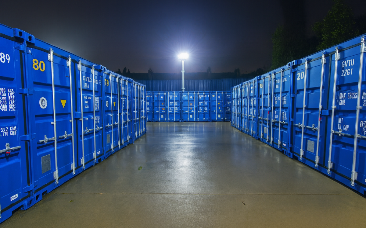Two rows of 20 ft drive-up storage containers at Boxxs Self Storage in Linlithgow