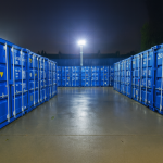 Two rows of 20 ft drive-up storage containers at Boxxs Self Storage in Linlithgow