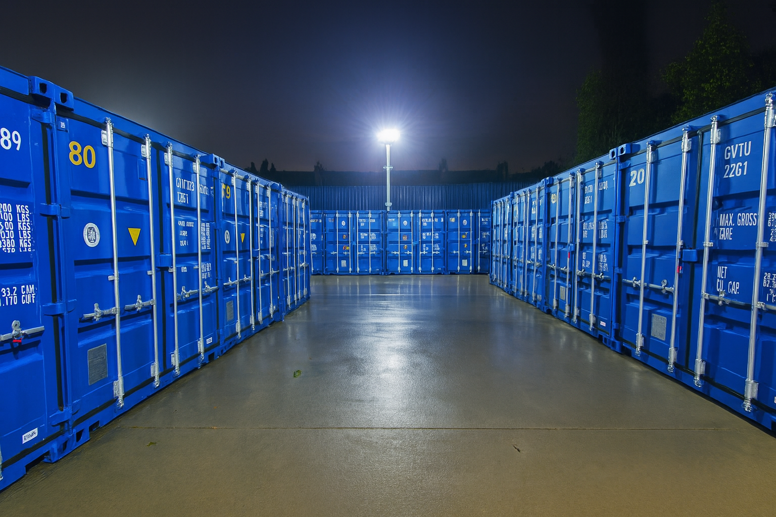 Two rows of 20 ft drive-up storage containers at Boxxs Self Storage in Linlithgow