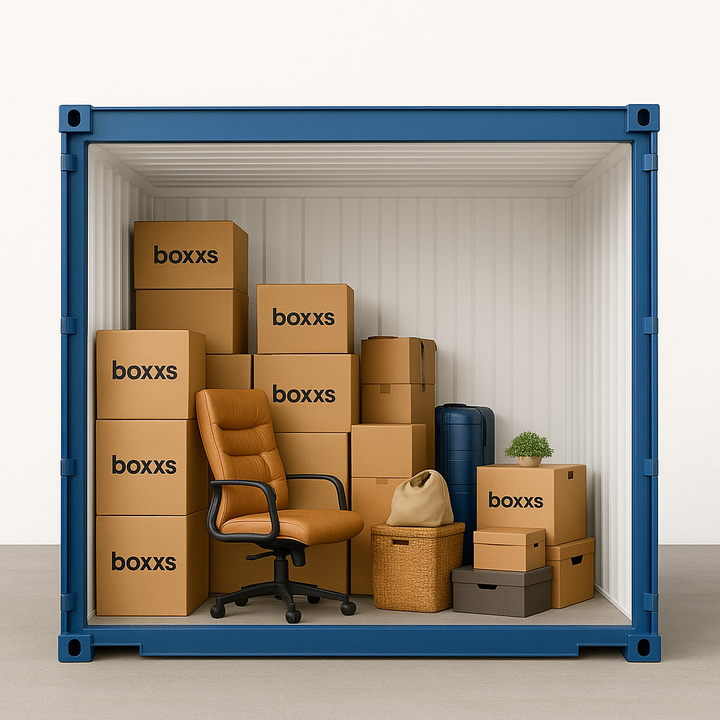 8 ft storage container with cutaway view showing packed boxes, office chair, suitcase, and filing box inside
