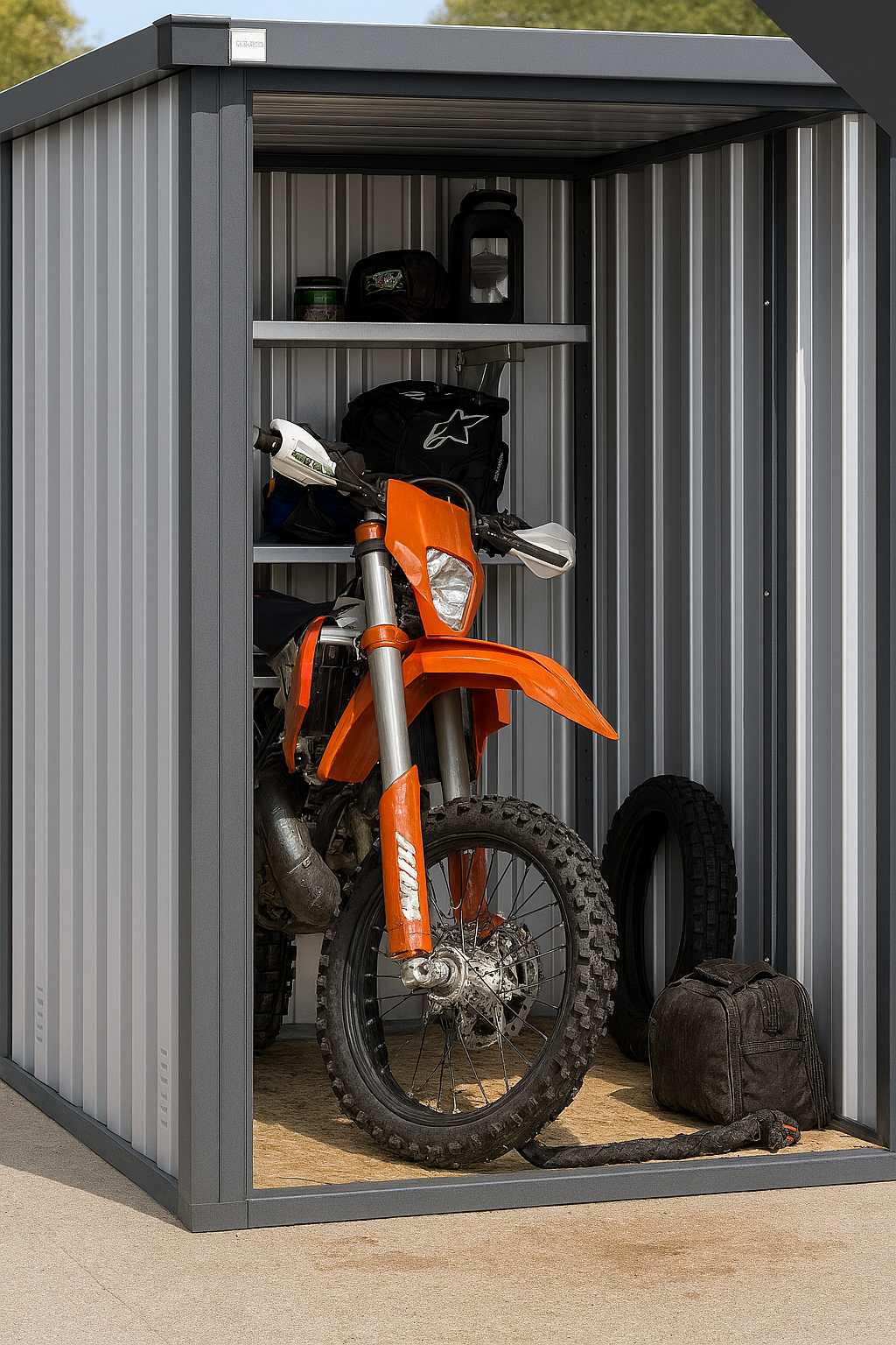 Motorbike securely stored inside a Boxxs Mini Boxx self-storage unit with drive-up access