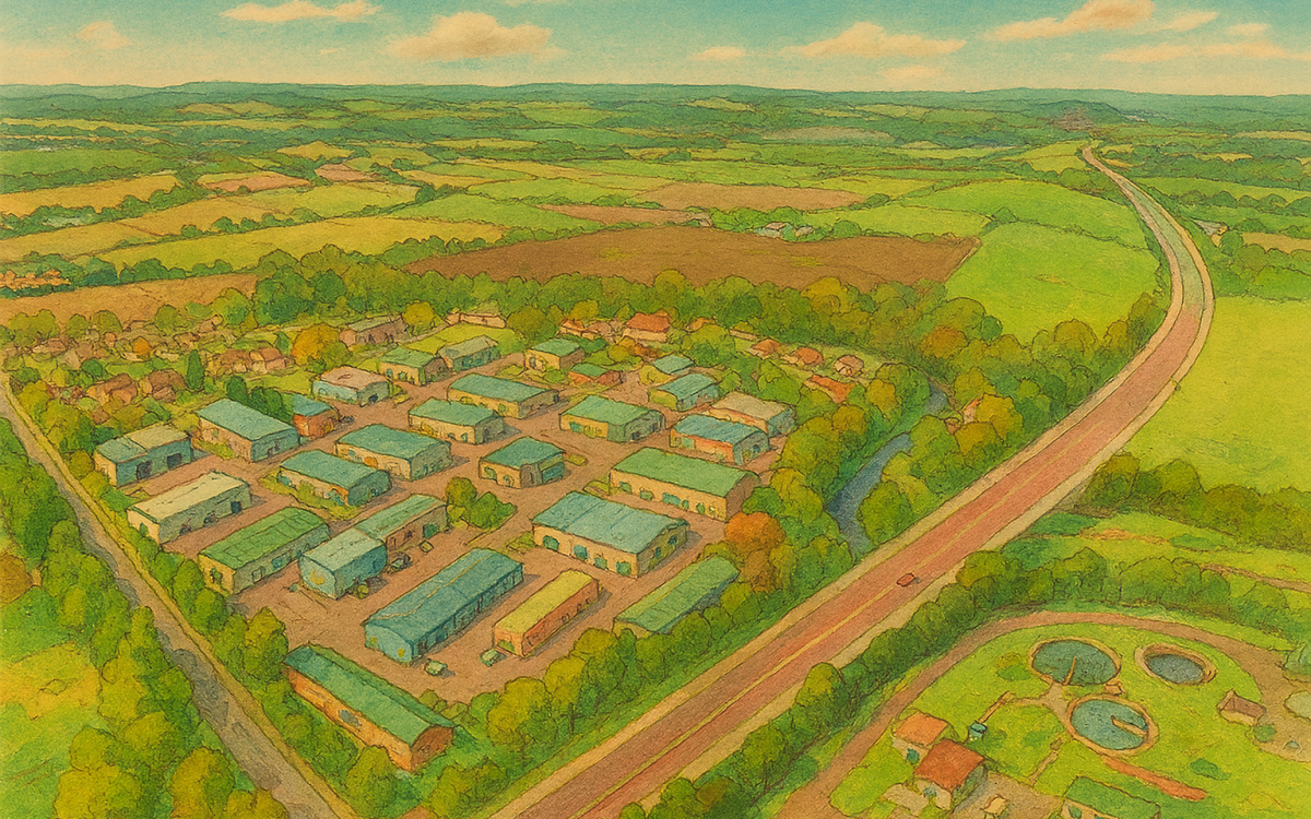 aerial illustration of Mill Road Industrial Estate, showing rows of industrial units, service roads, surrounding fields, and a water treatment facility in the foreground.
