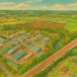 aerial illustration of Mill Road Industrial Estate, showing rows of industrial units, service roads, surrounding fields, and a water treatment facility in the foreground.