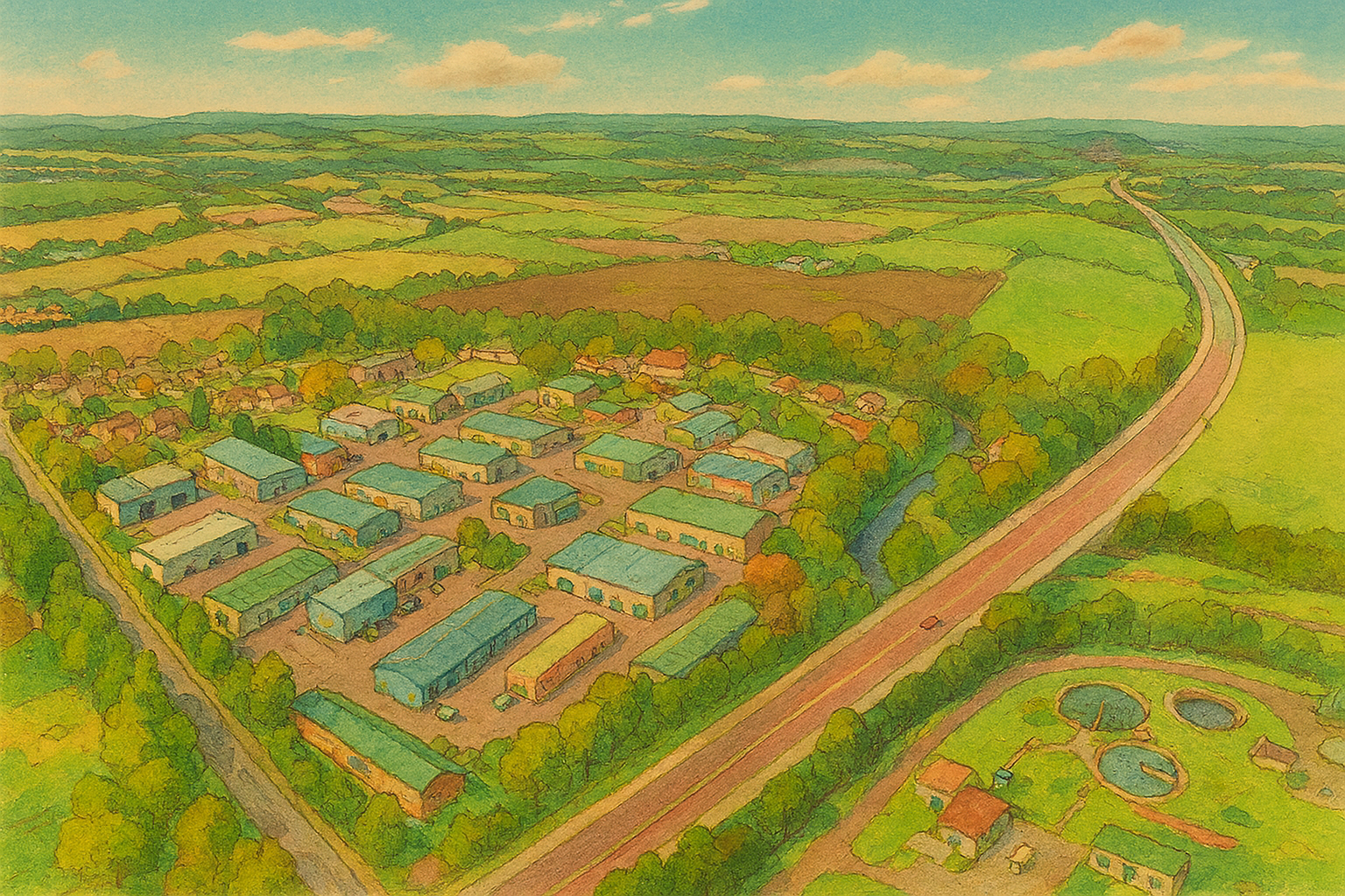 aerial illustration of Mill Road Industrial Estate, showing rows of industrial units, service roads, surrounding fields, and a water treatment facility in the foreground.