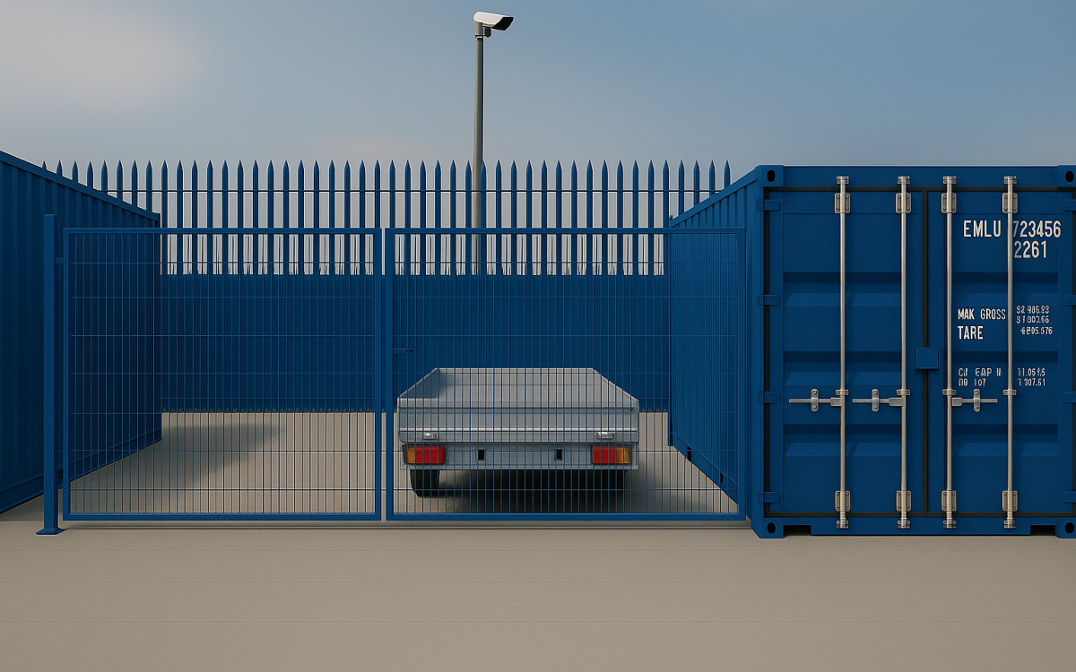 Flatbed trailer parked inside a secure Micro Yard with blue 20ft container, fencing, and CCTV at Mill Road Industrial Estate in Linlithgow.