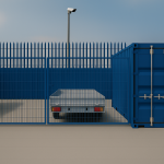 Flatbed trailer parked inside a secure Micro Yard with blue 20ft container, fencing, and CCTV at Mill Road Industrial Estate in Linlithgow.