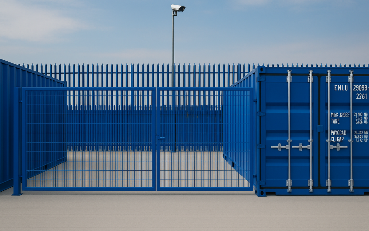 Secure Micro Yard in Linlithgow with one-trip 20ft container used as a micro warehouse, fully enclosed with palisade fencing and concrete yard space