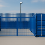 Secure Micro Yard in Linlithgow with one-trip 20ft container used as a micro warehouse, fully enclosed with palisade fencing and concrete yard space