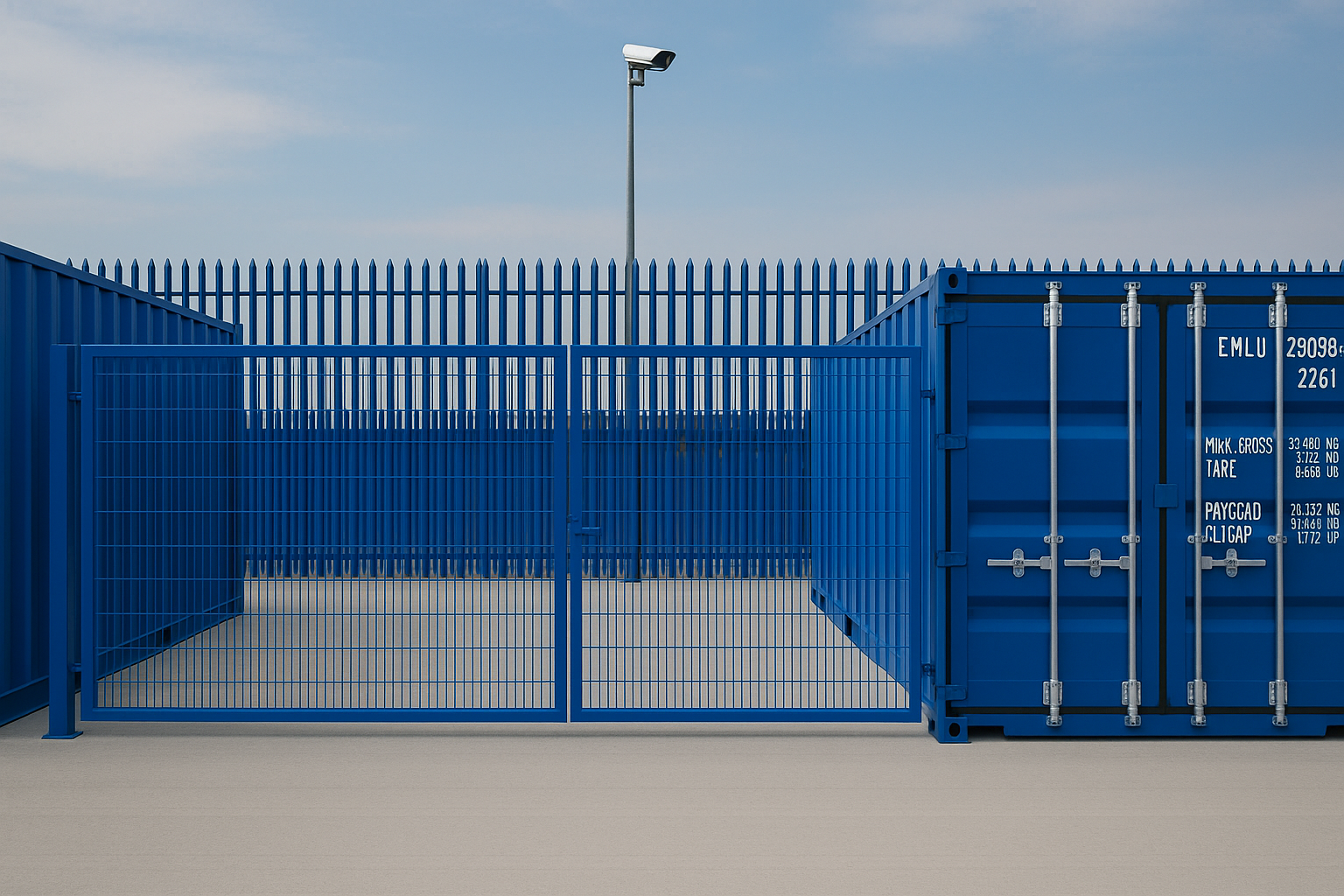 Secure Micro Yard in Linlithgow with one-trip 20ft container used as a micro warehouse, fully enclosed with palisade fencing and concrete yard space