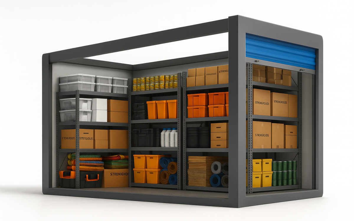 Stronghold drive-up storage unit filled with ecommerce stock on racking shelves, ideal for online retailers at Mill Road Industrial Estate in Linlithgow