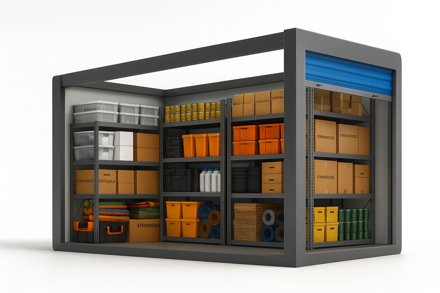 Stronghold drive-up storage unit filled with ecommerce stock on racking shelves, ideal for online retailers at Mill Road Industrial Estate in Linlithgow