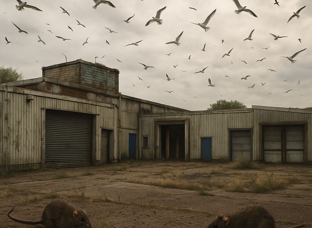 Abandoned ABP meat plant on Strathtay Road in Perth showing boarded windows, gulls on the roof, and rats on the ground.