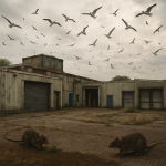 Abandoned ABP meat plant on Strathtay Road in Perth showing boarded windows, gulls on the roof, and rats on the ground.