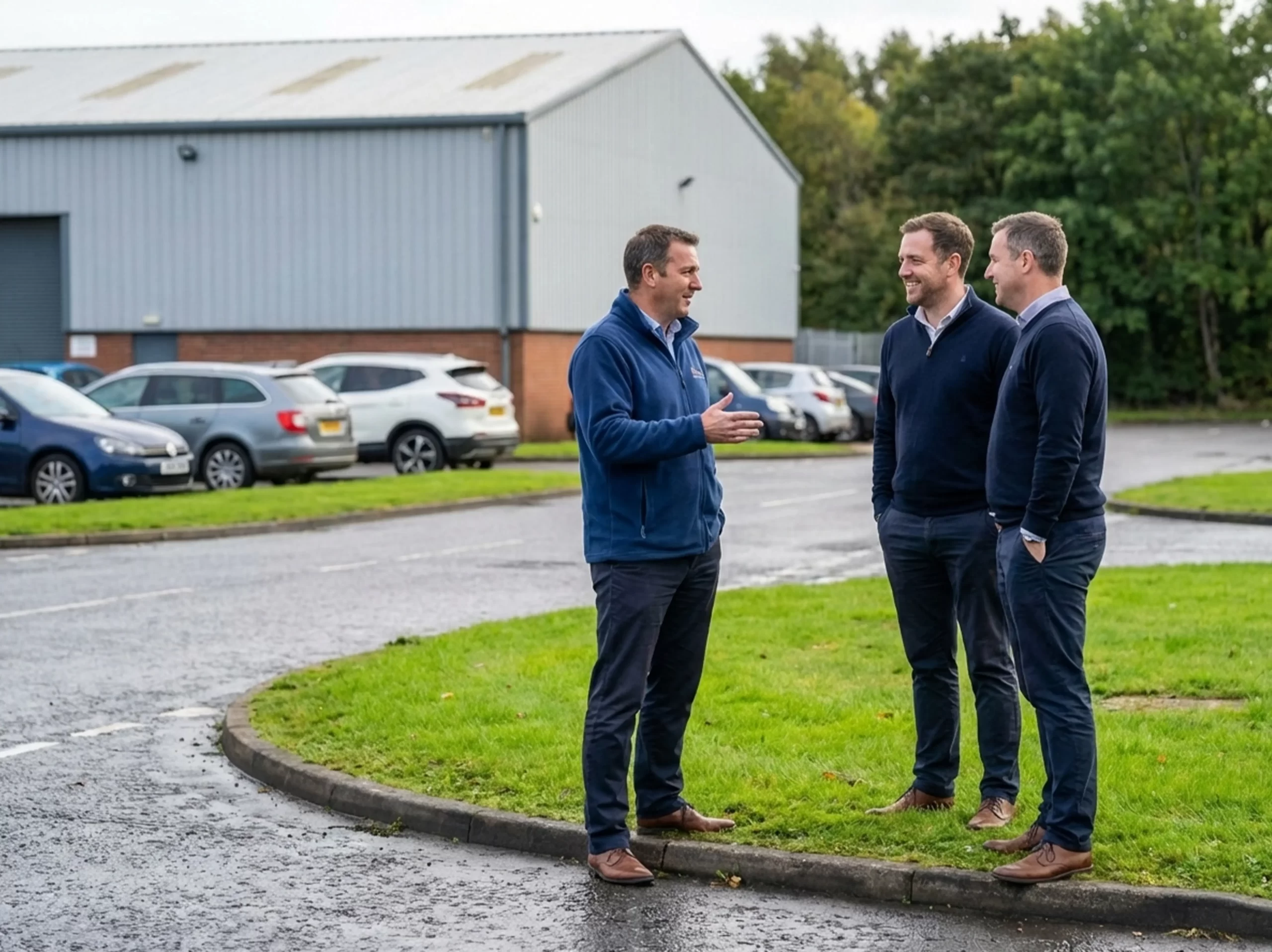 Business professionals talking outside a modern industrial unit, showing how commercial property first impressions are formed at Mill Road Industrial Estate in Linlithgow.