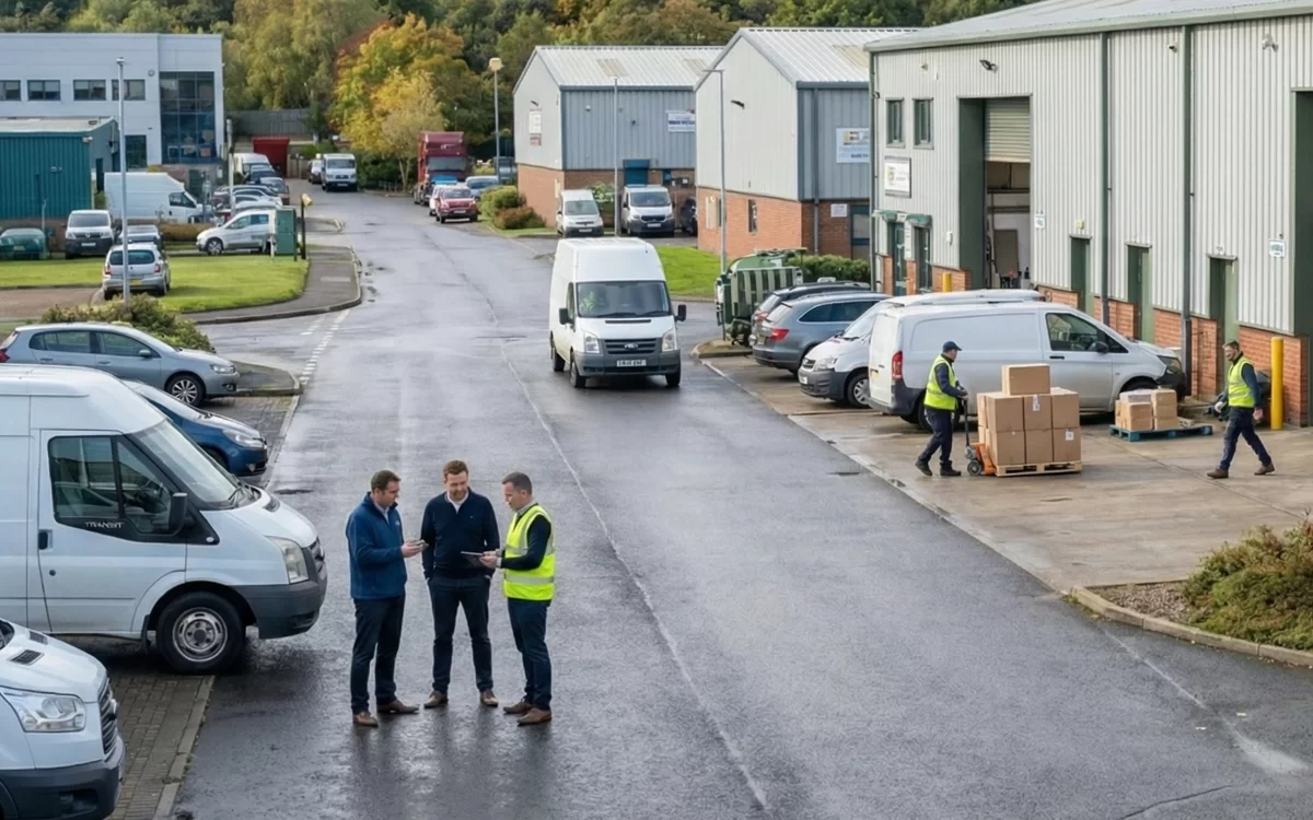 Flexible business premises at Mill Road Industrial Estate showing people working outside industrial units with vans and active operations in Linlithgow