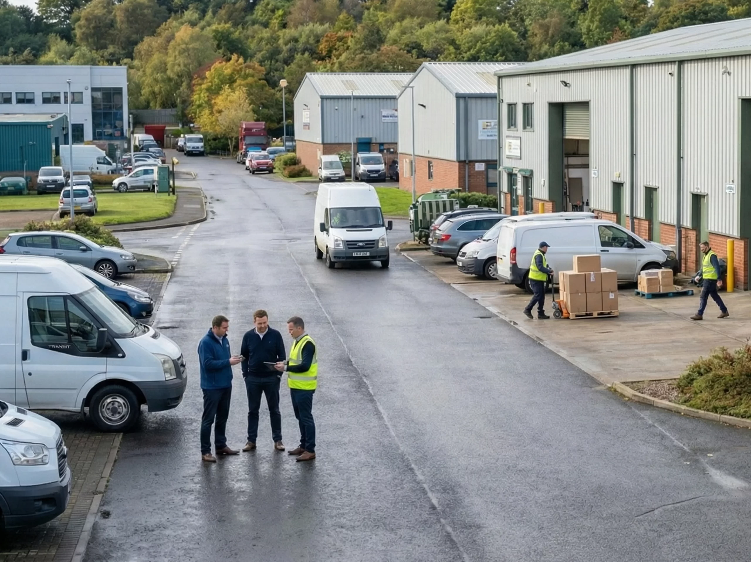 Flexible business premises at Mill Road Industrial Estate showing people working outside industrial units with vans and active operations in Linlithgow