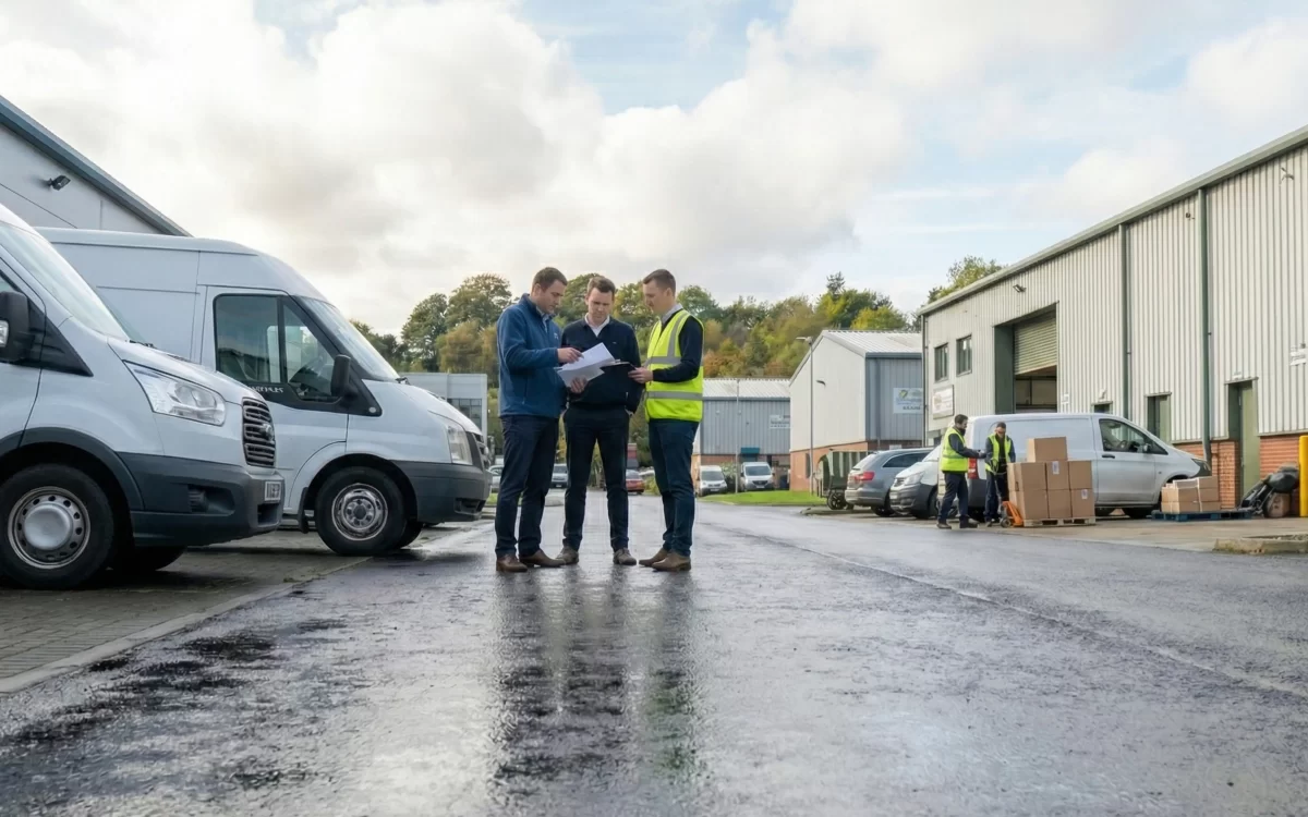 Flexible commercial space at Mill Road Industrial Estate showing business owners reviewing plans outside modern industrial units