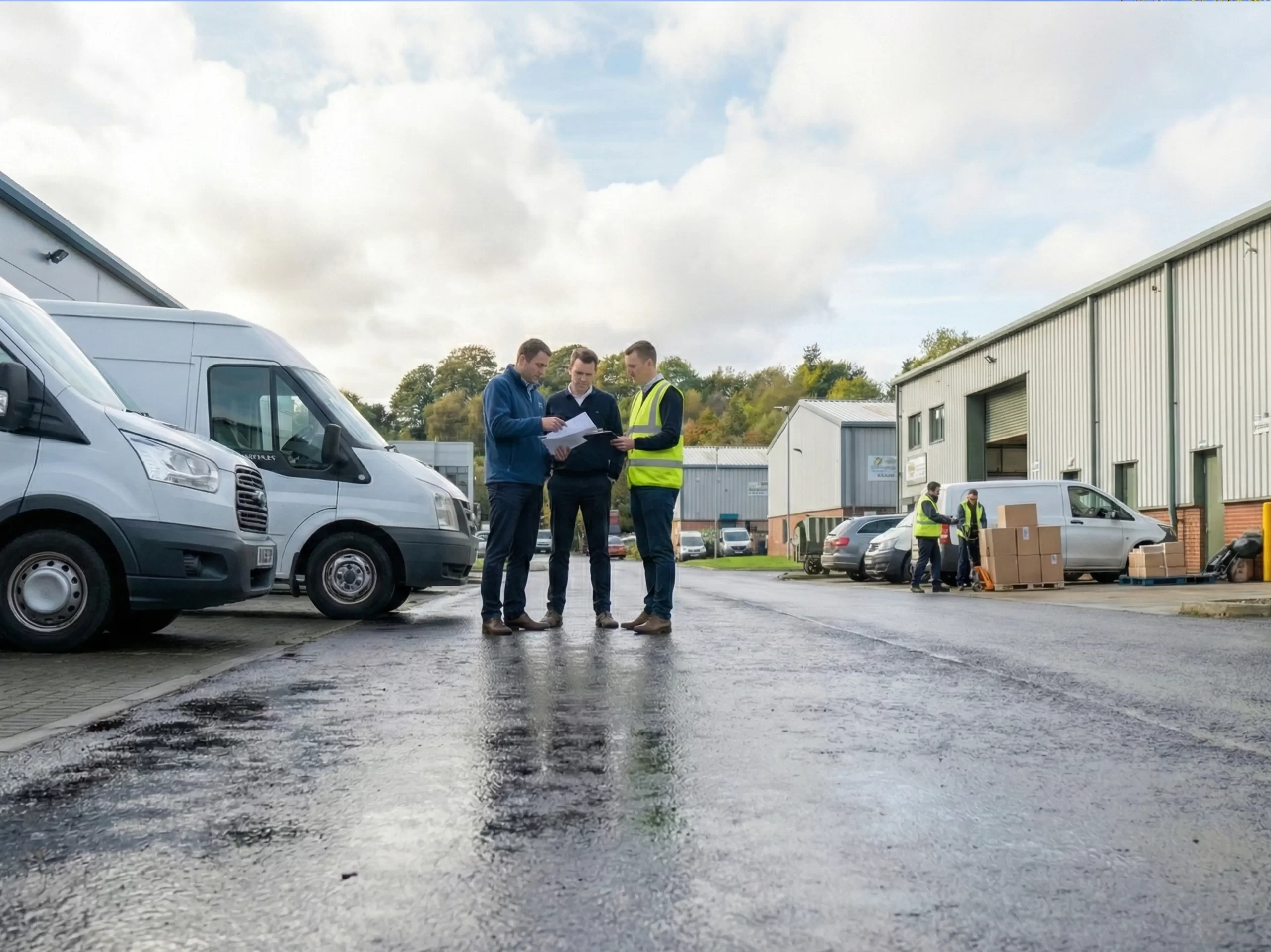 Flexible commercial space at Mill Road Industrial Estate showing business owners reviewing plans outside modern industrial units
