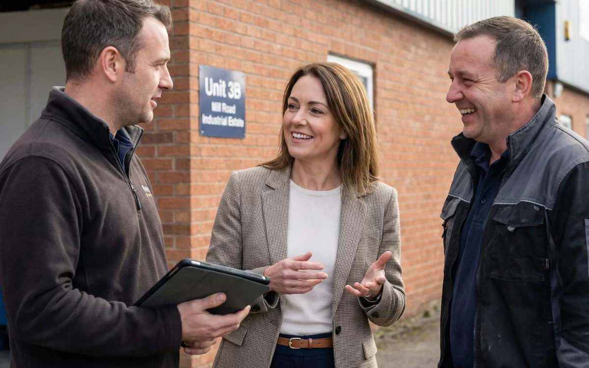 Business owners talking outside a unit at Mill Road Industrial Estate in Linlithgow, highlighting collaboration within the business community