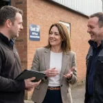 Business owners talking outside a unit at Mill Road Industrial Estate in Linlithgow, highlighting collaboration within the business community