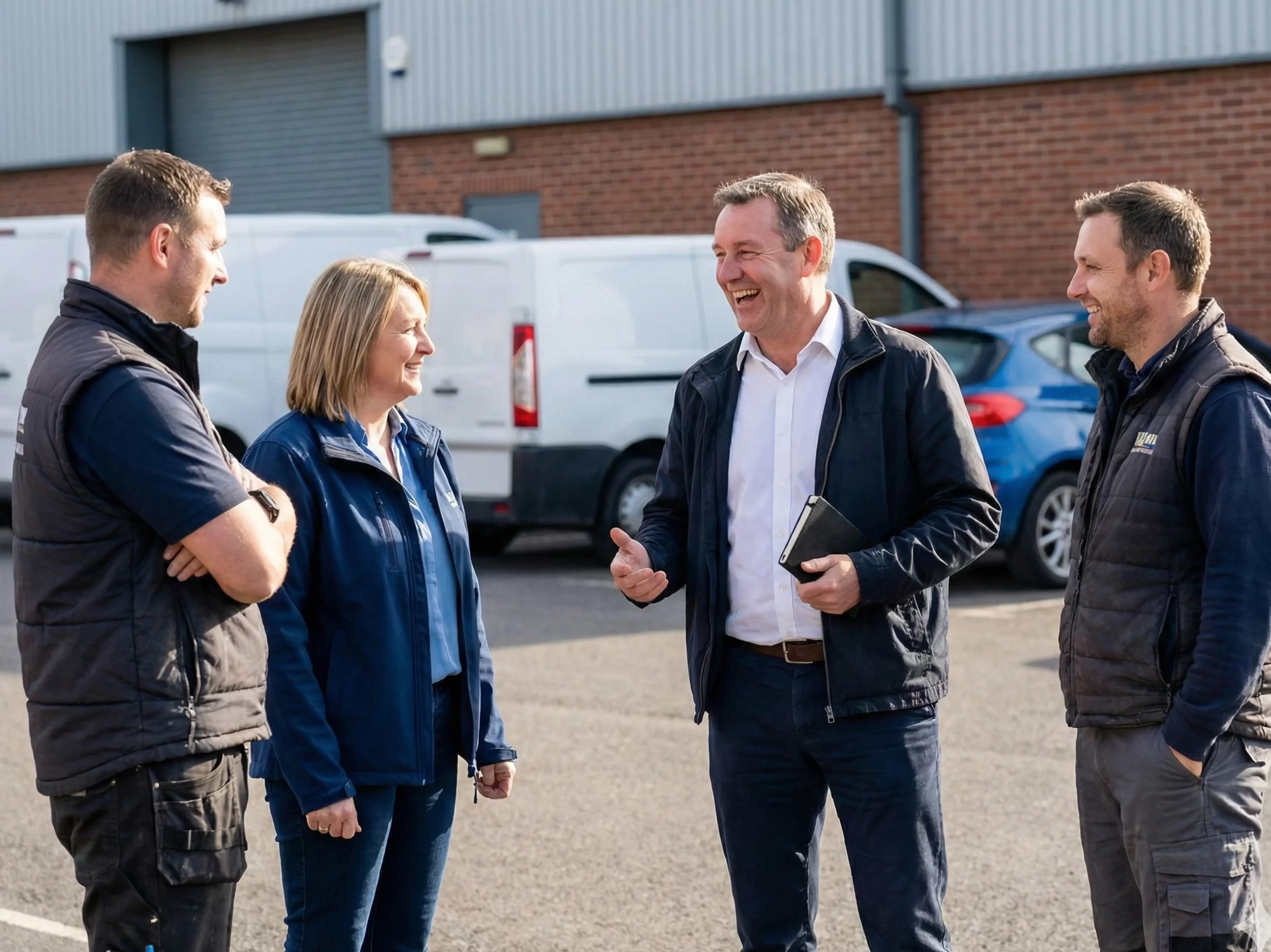 First time commercial tenants speaking with property managers at Mill Road Industrial Estate in Linlithgow