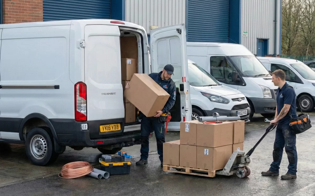 Industrial units for trades used by local tradespeople unloading materials and equipment at Mill Road Industrial Estate.