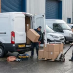 Industrial units for trades used by local tradespeople unloading materials and equipment at Mill Road Industrial Estate.