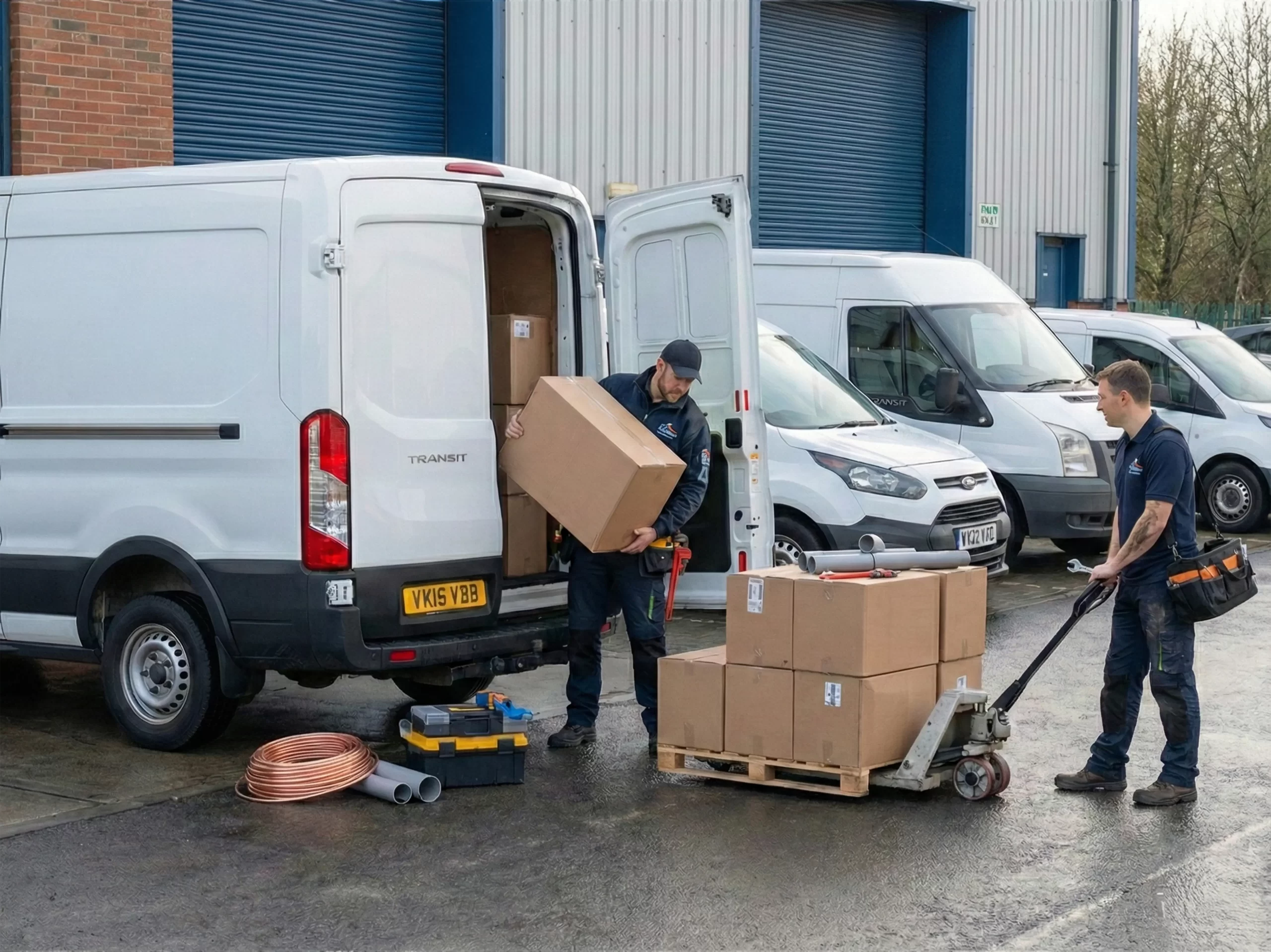 Industrial units for trades used by local tradespeople unloading materials and equipment at Mill Road Industrial Estate.